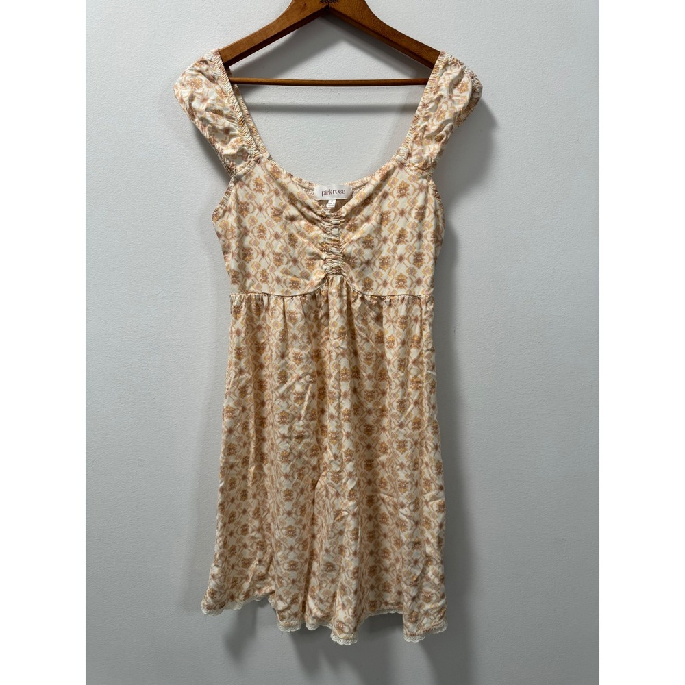 Babydoll Boho Floral Mini Dress Peach Cream Lace Trim Smocked Back Cap Sleeve M